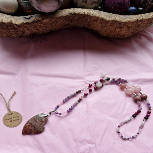 Rhodonite, moss agate, Quartz, Tiger's Eye & Amethyst necklace